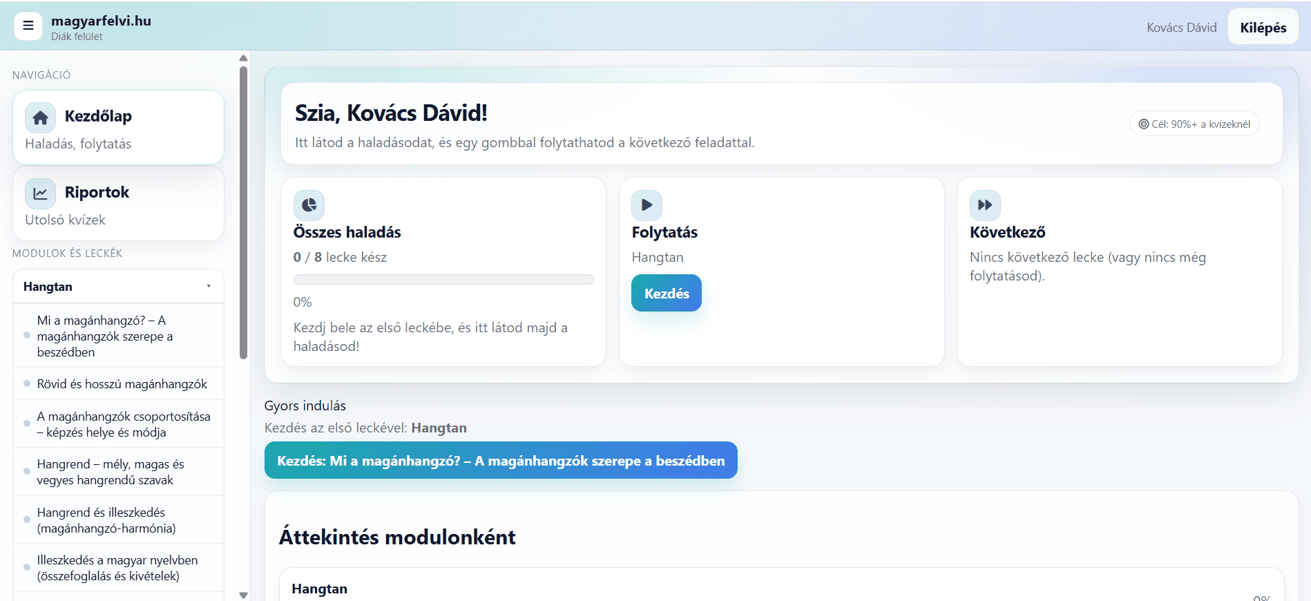 Diák dashboard
